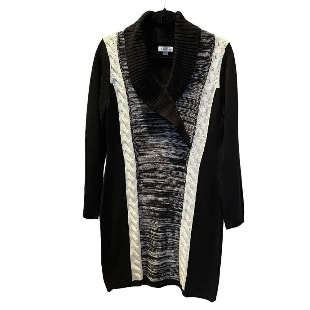 Calvin Klein Women's Sweater Dress Black and White Size Large Cowl Neck